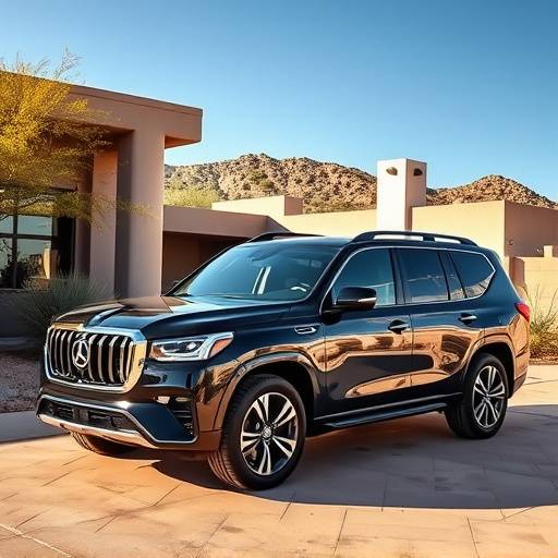 A luxury SUV parked in front of a modern Scottsdale home, with desert landscape in the background