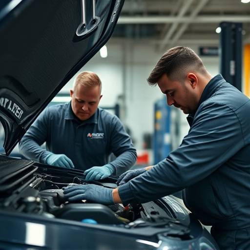 A mechanic working on the engine of a performance car in a well-equipped garage