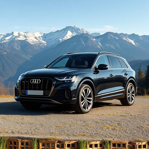 Black 2024 Audi Q7 SUV parked in front of the Bavarian Alps