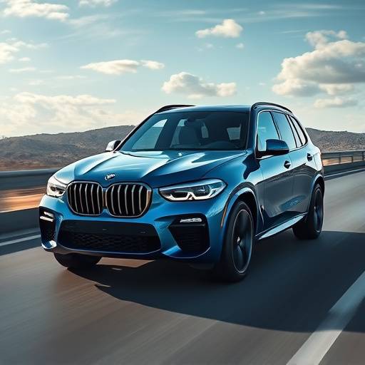 Blue 2023 BMW X5 SUV driving on a highway