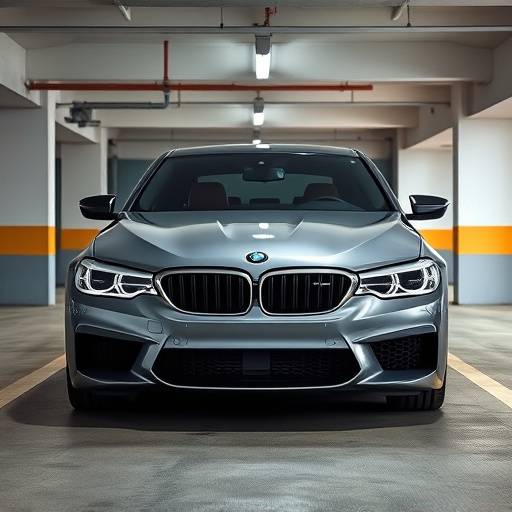Gray BMW M5 sedan parked in a parking garage