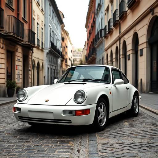 Luxurious white Porsche 911 Carrera parked on a cobblestone street