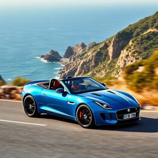 Powerful blue Jaguar F-TYPE convertible driving along a coastal road