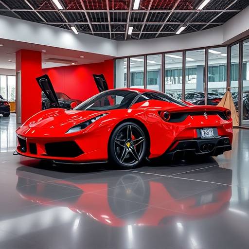 Red Ferrari 488 GTB parked in a showroom