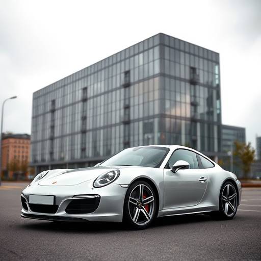 Silver Porsche 911 Carrera S parked in front of a modern building