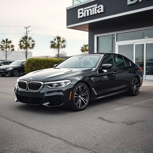Sleek black BMW M5 parked in front of the dealership